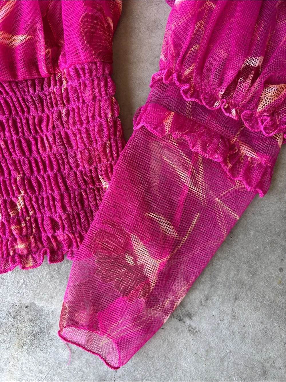 Free People Fuchsia Floral Mesh Smocked Peasant Top Boho Fairycore Y2K size M